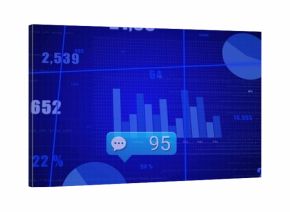 Displaying chat badge showing 95 on blue data dashboard, with bar chart, pie charts, numbers