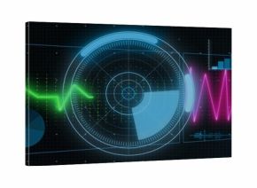 Displaying circular radar HUD sweeping blue sector on dark grid, showing green ECG and magenta wave