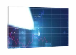 Displaying layered line graphs and bar charts on trading screen, with % labels, code, cursor, glare