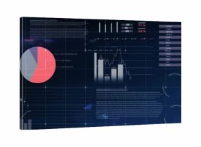 Displaying navy analytics dashboard on screen, showing bar-and-line, pie, candlesticks, index table