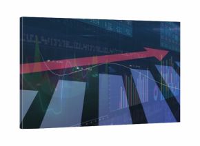 Displaying financial dashboard showing rising trend in trading platform, red arrow and bar charts