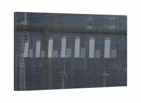 Displaying labeled bar chart and waveform traces on glazed glass with grid, mullions, turbines