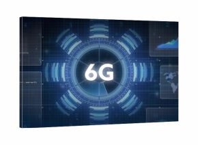 Displaying central circular HUD showing 6G in network UI, glowing rings and floating panels