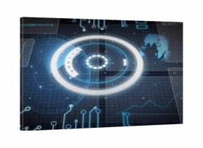 Displaying central circular hologram interface over data grid, showing circuit traces and bar chart