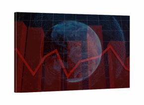 Displaying red bar chart and jagged red line across dark dashboard, with translucent blue globe