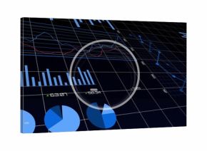 Highlighting translucent HUD ring overlaying tilted 3D grid plane, showing bar, pie, line charts