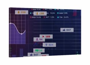 Displaying analytics dashboard on screen, showing line chart, notification badges, sparklines