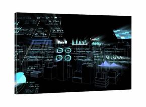 Displaying holographic 3D block cluster floating in virtual space, showing bar charts and gauges