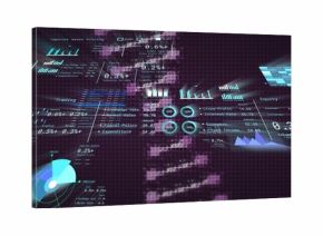 Displaying hologram financial data on dark grid, streaming purple helix, bar charts, donut gauges