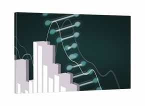 Displaying 3D bar chart columns rising at left in digital infographic, with DNA helix, copy space