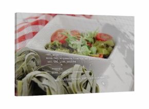 Displaying white bowl of cherry tomatoes and greens on table, spinach nests, code-map overlay