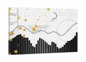 Presenting black vertical bar chart on off-white canvas, showing line, gauge 107, gold stars