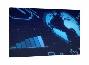 Displaying stylized globe rotating on digital HUD, with rising bar chart and UI widgets, copy space