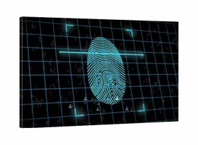 Scanning cyan fingerprint graphic pulsing on biometric UI, with glowing grid, scan bar, brackets