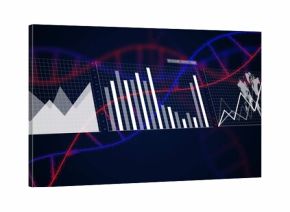 Displaying three panels with area, bar, line charts on navy dashboard, showing red blue DNA helix