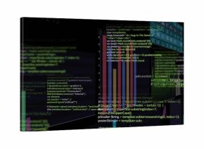 Displaying central multicolored bar charts floating in 3D dashboard, with overlaid code snippets