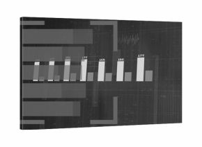 Displaying monochrome bar chart occupying center on dark dashboard, with value labels and UI panels