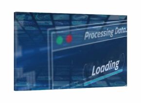Displaying glassy UI panel processing data on data grid, showing green red leds and loading bar