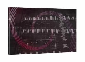 Showing data dashboard on dark screen, with bar charts, line graphs, magenta purple rings 2008 2015