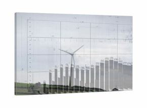 Standing 3-blade wind turbine in rolling fields hedges showing bar chart grid labels two figures