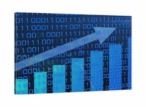 Displaying digital ascending bar chart tracing diagonal arrow in data dashboard with binary code