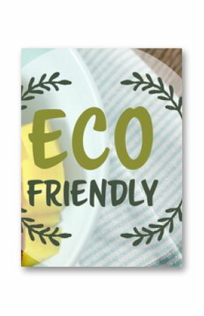Image of eco friendly text over mango pieces in bowl on table