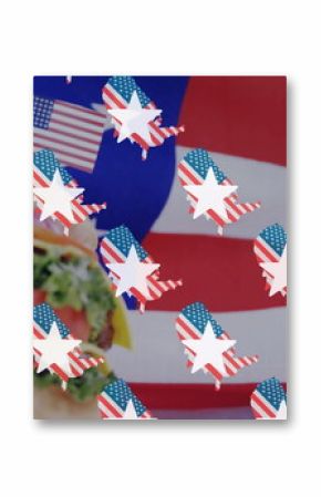 Image of usa flags wtih stars over hamburger on usa flag in background