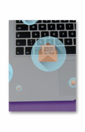 Image of letter in open envelope icons, overhead view of laptop and croissants in plate
