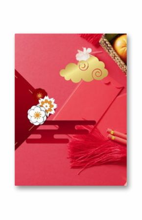 Image of chinese pattern and blossom and orange decoration on red background