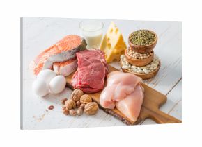 Selection of protein sources in kitchen background