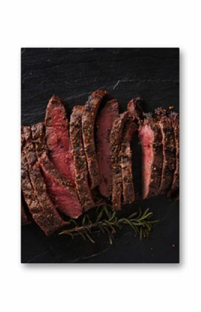 grilled flat iron steak shot in flat lay style from overhead
