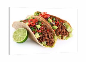Mexican tacos with beef, tomatoes, avocado, chilli and onions isolated on white background.