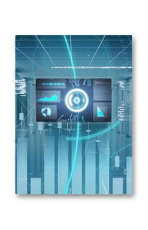 Central monitor screen floating in corridor flanked by columns, with 3D bar charts and code streams