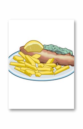 Flat design is showing fish and chips on transparent background with lemon wedge and pea mash