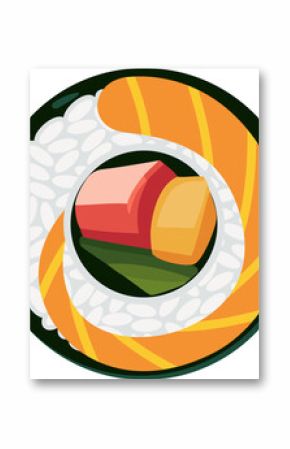 Sushi maki is being shown in flat top-down with rice, salmon, seaweed wrap, transparent background