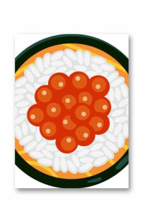 Top-down flat sushi slice is showing seaweed wrap, rice and salmon roe on transparent background