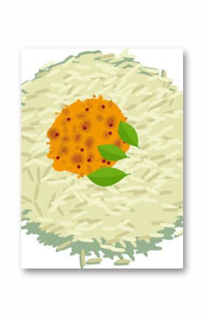Rice pile is forming in flat design with orange spice mound, green leaves on transparent background