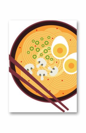 Stylized flat ramen bowl is showing eggs, mushrooms, chopsticks, red dots on transparent background