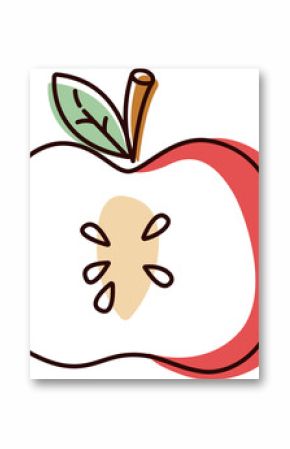 Showing flat apple half with brown stem, green leaf and six seeds on transparent background