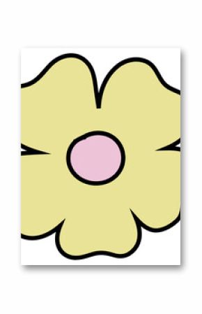Vector six-petaled flower is sitting on transparent background, showing yellow petals, pink core