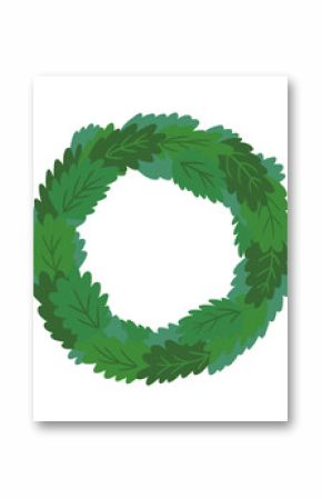 Stylized circular wreath is showing overlapping green leaves in flat design, transparent background