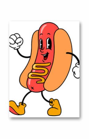 Hot dog is walking in flat-design, mustard line white gloves  and  yellow boots, transparent backgro