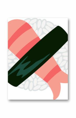 Nigiri sushi is showing rice mound, striped fish, seaweed band, flat design, transparent background
