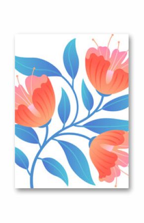 Flowering branch is showing three gradient blooms, blue leaves in flat art, transparent background