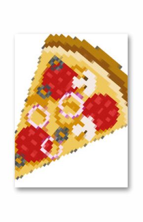 Pixel art pizza is floating on transparent backdrop, showing crust, pepperoni, olives, onion rings