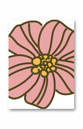 Flat flower is showing six pink petals brown-outlined with yellow center, transparent background