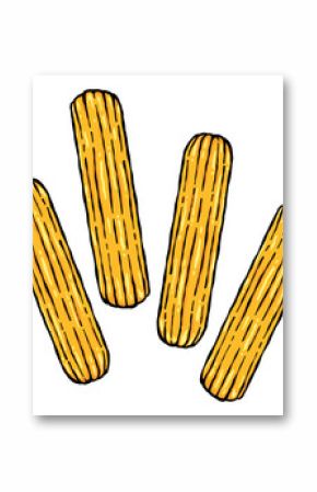Four ridged churro sticks are floating in flat cartoon design on transparent background, copy space