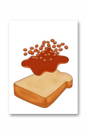 Baked beans are pouring over bread slice in flat design with thick sauce on transparent background