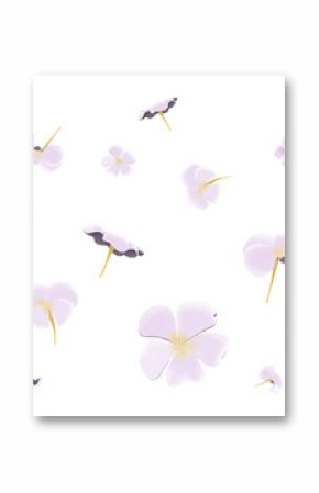 Flat Plumeria-like blossoms are floating on transparent background with purple petals, yellow cores
