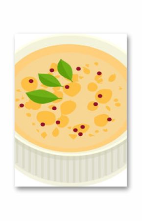 Flat bowl of creamy yellow soup is floating on transparent bg with chickpeas, red spheres, greenery